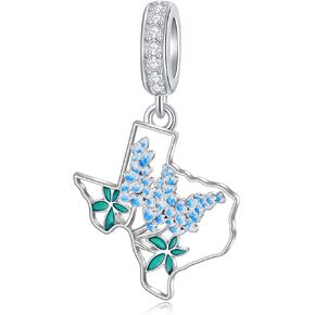 Texas Bluebonnets سحر السوار 925 Sterling Silver State Map Map Jewelry Hometown Texas Gifts for Women Love TX