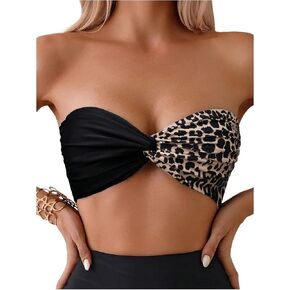 OYOANGLE Women's Leopard Print Twist Front Bandeau Bikini Top Strapless Wireless Swimsuit Tops