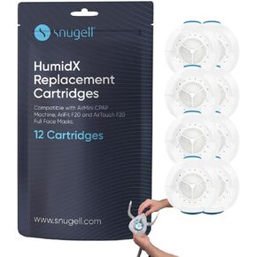 Snugell AirMini HumidX – 12-Pack Replacement Cartridges – Designed for ResMed AirMini CPAP Machines – Compatible with AirFit & AirTouch F20 Full-Face Masks – Enhances Humidity for Improved Comfort