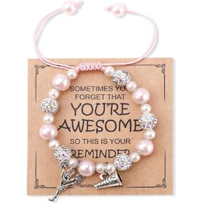 Cheer Bracelet with Encouragement Card, Positive Cheerleading Beaded Charm Bracelet with Rhinestones Beads Jewelry Gifts for Cheer Team Cheerleader