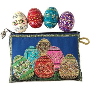 Pysanky Pysanki الخشبية الأوكرانية يدوي بيض عيد الفصح - مجموعة من 4 - مع نبات حقيبة حقيبة النسيج على سحاب 5 3/8 بوصة