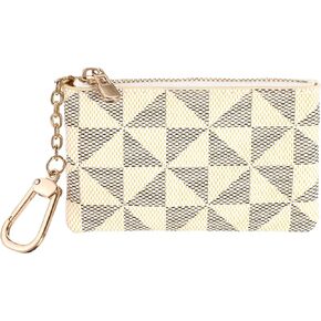 Small Zipper Change Purse Pouch Leather Coin Purse with Key Chain Mini Card Holder Wallet Clutch Premium Keychain Wallet Classic Pendant Clutch for Men Women(White)