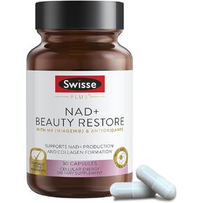 Swisse Plus NAD+ Beauty Restore | Clinically Tested Ingredients | NAD+ Supplement for Men & Women | Supports Collagen Formation, Skin Elasticity & Anti-Aging Supplement | 30 Capsules