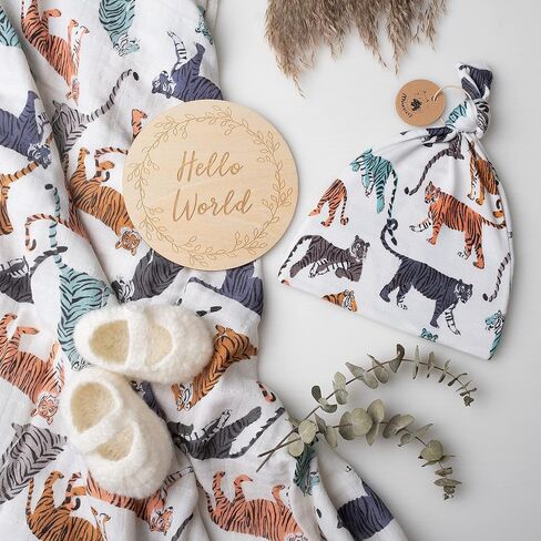 Miaoberry Organic Muslin Baby Boy Swaddle Blanket and Hat Set Newborn Unisex Neutral| Adventure Awaits| Boho Mountain Forest |Photo Props Birth Announcement Card in Kuwait