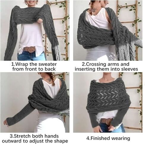 Knitted Cable Wrap,Shrugs for Women,Knitted Wrap,Scarf with Sleeves for Women,Sweater Scarf with Sleeves(Black) in Saudi Arabia