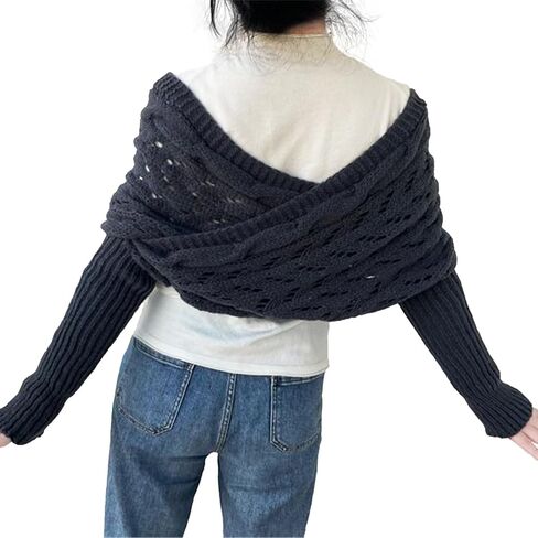 Knitted Cable Wrap,Shrugs for Women,Knitted Wrap,Scarf with Sleeves for Women,Sweater Scarf with Sleeves(Black) in Saudi Arabia