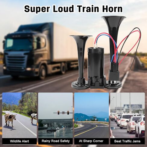 قرن الهواء للشاحنة ، قرون الهواء ، 150dB بصوت عالٍ من قرون القطارات الكهربائية المزدوجة مع ضاغط لأي سيارات 12 فولت شاحنات الدراجات النارية للدراجات النارية القوارب (أسود) in Kuwait