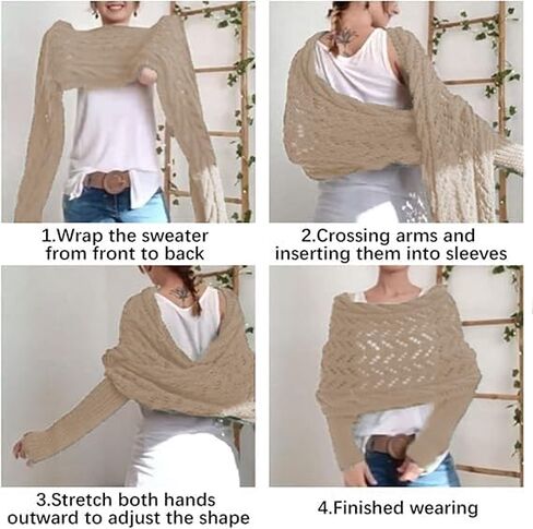 Knitted Cable Wrap,Shrugs for Women,Knitted Wrap,Scarf with Sleeves for Women,Sweater Scarf with Sleeves(Black) in Saudi Arabia