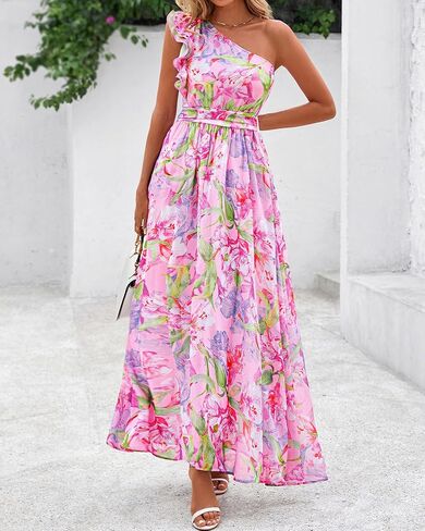 BTFBM Women Summer One Shoulder Floral Wedding Guest Dresses Sleeveless Smocked Ruffle Flowy Beach Vacation Maxi Dress in Saudi Arabia