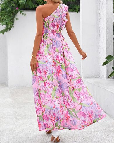 BTFBM Women Summer One Shoulder Floral Wedding Guest Dresses Sleeveless Smocked Ruffle Flowy Beach Vacation Maxi Dress in Saudi Arabia
