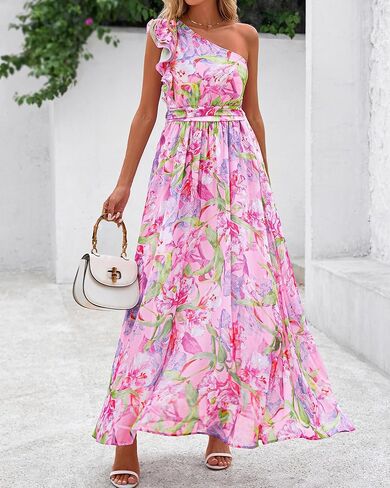 BTFBM Women Summer One Shoulder Floral Wedding Guest Dresses Sleeveless Smocked Ruffle Flowy Beach Vacation Maxi Dress in Saudi Arabia