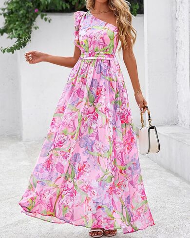 BTFBM Women Summer One Shoulder Floral Wedding Guest Dresses Sleeveless Smocked Ruffle Flowy Beach Vacation Maxi Dress in Saudi Arabia