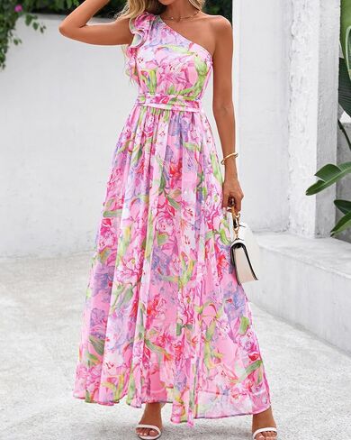 BTFBM Women Summer One Shoulder Floral Wedding Guest Dresses Sleeveless Smocked Ruffle Flowy Beach Vacation Maxi Dress in Saudi Arabia