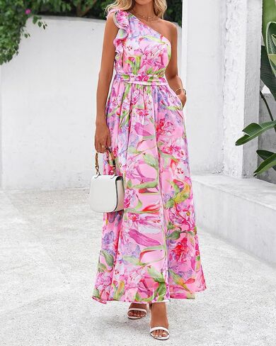 BTFBM Women Summer One Shoulder Floral Wedding Guest Dresses Sleeveless Smocked Ruffle Flowy Beach Vacation Maxi Dress in Saudi Arabia