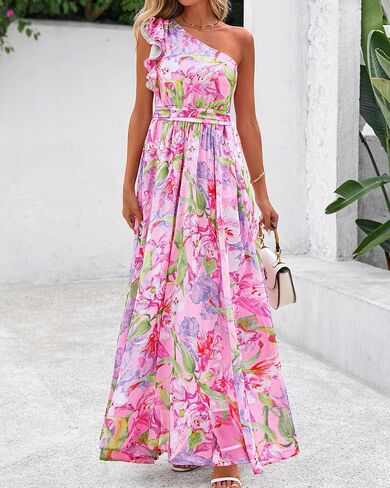 BTFBM Women Summer One Shoulder Floral Wedding Guest Dresses Sleeveless Smocked Ruffle Flowy Beach Vacation Maxi Dress in Saudi Arabia