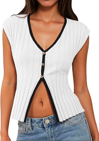 Cicy Bell Womens Cute Out Out Tops Bitbed Button Up Tank Tops Cap Sleeve Sweater Stest Summer Sexit in Kuwait