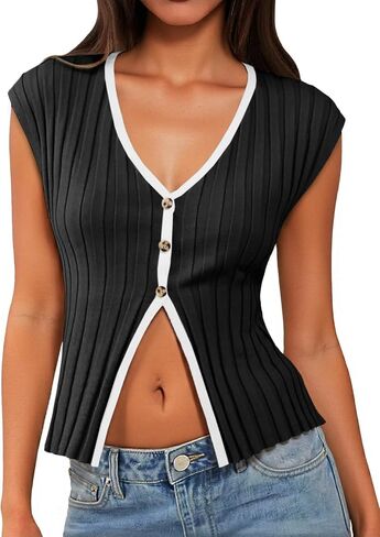 Cicy Bell Womens Cute Out Out Tops Bitbed Button Up Tank Tops Cap Sleeve Sweater Stest Summer Sexit in Kuwait