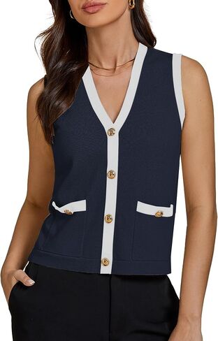 luvamia Knit Vest for Women Trendy Colorblock Button Down Dressy Casual Sleeveless Summer Sweater Vests Top with Pockets in Saudi Arabia