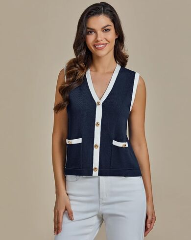 luvamia Knit Vest for Women Trendy Colorblock Button Down Dressy Casual Sleeveless Summer Sweater Vests Top with Pockets in Saudi Arabia