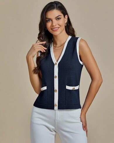 luvamia Knit Vest for Women Trendy Colorblock Button Down Dressy Casual Sleeveless Summer Sweater Vests Top with Pockets in Saudi Arabia