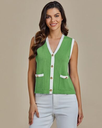 luvamia Knit Vest for Women Trendy Colorblock Button Down Dressy Casual Sleeveless Summer Sweater Vests Top with Pockets in Saudi Arabia