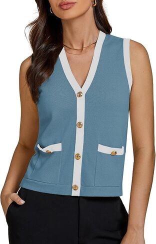 luvamia Knit Vest for Women Trendy Colorblock Button Down Dressy Casual Sleeveless Summer Sweater Vests Top with Pockets in Kuwait