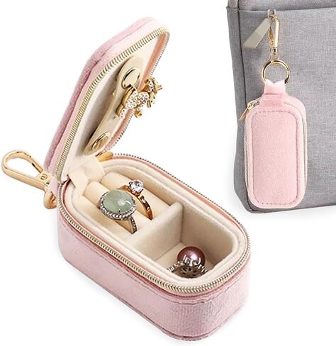Velvet Mini Travel Jewelry Case - 2-in-1 Ring Holder Keychain Organizer, Portable Clutch for Earrings/Necklace, Wedding Party & Vacation Daily Storage Bag Gift for Women (Pink) in Saudi Arabia