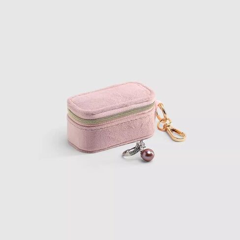 Velvet Mini Travel Jewelry Case - 2-in-1 Ring Holder Keychain Organizer, Portable Clutch for Earrings/Necklace, Wedding Party & Vacation Daily Storage Bag Gift for Women (Pink) in Saudi Arabia