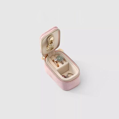 Velvet Mini Travel Jewelry Case - 2-in-1 Ring Holder Keychain Organizer, Portable Clutch for Earrings/Necklace, Wedding Party & Vacation Daily Storage Bag Gift for Women (Pink) in Saudi Arabia