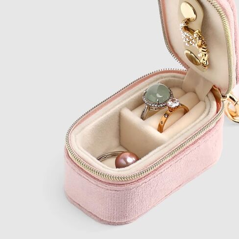 Velvet Mini Travel Jewelry Case - 2-in-1 Ring Holder Keychain Organizer, Portable Clutch for Earrings/Necklace, Wedding Party & Vacation Daily Storage Bag Gift for Women (Pink) in Saudi Arabia