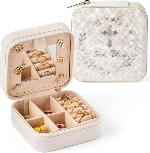 God Bless Jewelry Box for Women Girls - Summer First Communion Gifts Cross Floral Portable Travel Jewelry Case Pink Gold Small Jewel Organizer Box, Baptism Wedding Gift for Friend Bride in Kuwait