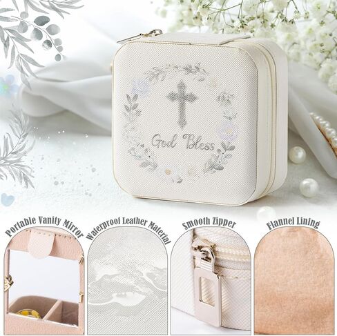 God Bless Jewelry Box for Women Girls - Summer First Communion Gifts Cross Floral Portable Travel Jewelry Case Pink Gold Small Jewel Organizer Box, Baptism Wedding Gift for Friend Bride in Kuwait