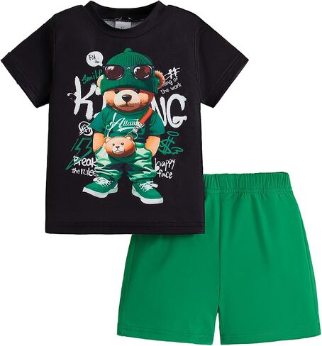 Boy's Letter Graphic Short Sleeve Tee Shirt and Elastic Waist Shorts Set 2 Piece Outfit 2-7T in Kuwait