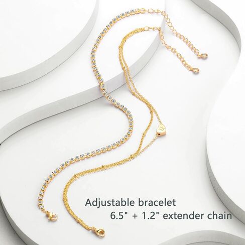 YANODA Gold Initial Bracelets for Women, 14K Gold Plated Bracelet Sets Trendy Gold Bracelet Stack Dainty Heart Letter Initial Bracelets Adjustable Tennis Bracelets Personalized Jewelry for Women in Saudi Arabia