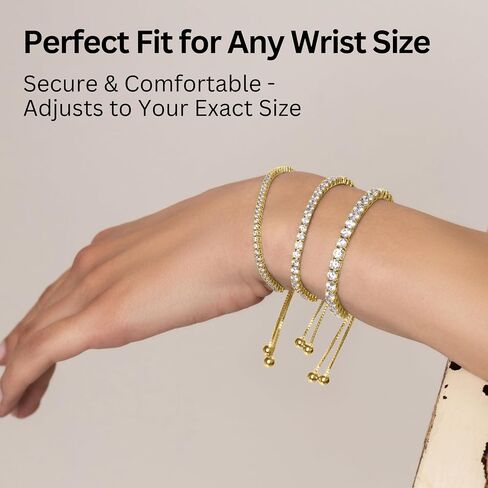 KISPER Adjustable Tennis Bracelet for Women - 18K White Gold or Gold Plated Round Cut AAAAA CZ, 2mm/3mm/4mm Dainty Cubic Zirconia Bracelet, Elegant Gift in Kuwait