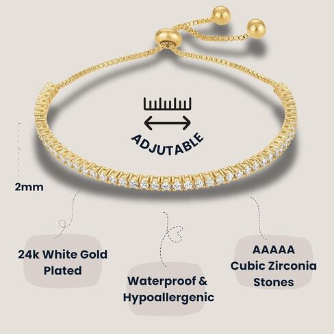 KISPER Adjustable Tennis Bracelet for Women - 18K White Gold or Gold Plated Round Cut AAAAA CZ, 2mm/3mm/4mm Dainty Cubic Zirconia Bracelet, Elegant Gift in Kuwait