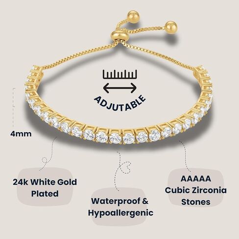 KISPER Adjustable Tennis Bracelet for Women - 18K White Gold or Gold Plated Round Cut AAAAA CZ, 2mm/3mm/4mm Dainty Cubic Zirconia Bracelet, Elegant Gift in Kuwait
