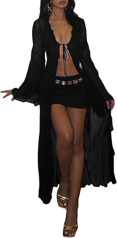 NRTHYE Women Mesh Long Flowy Kimono Cardigan Sexy Sheer Long Sleeve Ruffled Chiffon Duster Robe Summer Beach Cover Up in Kuwait