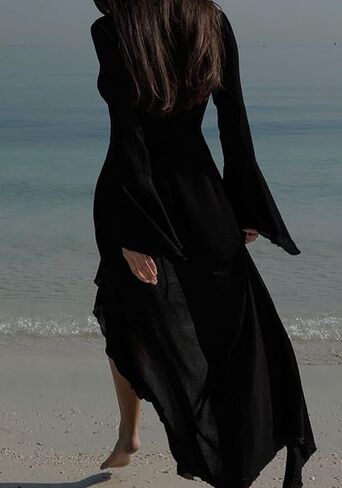 NRTHYE Women Mesh Long Flowy Kimono Cardigan Sexy Sheer Long Sleeve Ruffled Chiffon Duster Robe Summer Beach Cover Up in Kuwait
