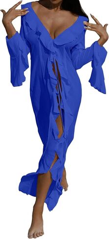 NRTHYE Women Mesh Long Flowy Kimono Cardigan Sexy Sheer Long Sleeve Ruffled Chiffon Duster Robe Summer Beach Cover Up in Kuwait