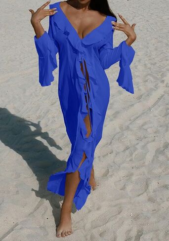 NRTHYE Women Mesh Long Flowy Kimono Cardigan Sexy Sheer Long Sleeve Ruffled Chiffon Duster Robe Summer Beach Cover Up in Kuwait