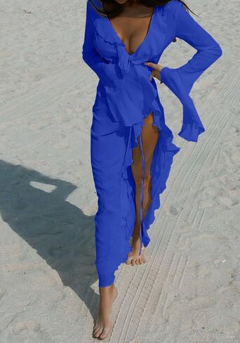 NRTHYE Women Mesh Long Flowy Kimono Cardigan Sexy Sheer Long Sleeve Ruffled Chiffon Duster Robe Summer Beach Cover Up in Kuwait