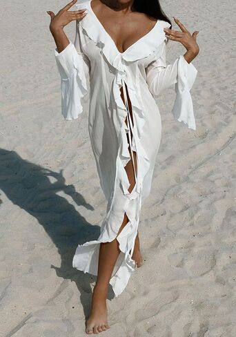 NRTHYE Women Mesh Long Flowy Kimono Cardigan Sexy Sheer Long Sleeve Ruffled Chiffon Duster Robe Summer Beach Cover Up in Kuwait