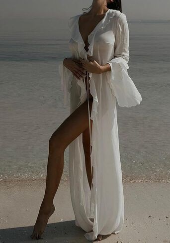 NRTHYE Women Mesh Long Flowy Kimono Cardigan Sexy Sheer Long Sleeve Ruffled Chiffon Duster Robe Summer Beach Cover Up in Kuwait