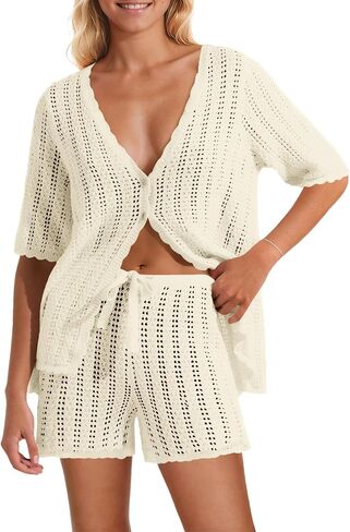 Saodimallsu Women Crochet 2 Piece Swimsuit Cover Up Short Sleeve Knit Tops Shorts Sets Summer Beach Vacation Outfit in Saudi Arabia