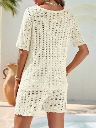 Saodimallsu Women Crochet 2 Piece Swimsuit Cover Up Short Sleeve Knit Tops Shorts Sets Summer Beach Vacation Outfit in Saudi Arabia