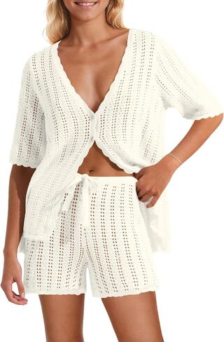 Saodimallsu Women Crochet 2 Piece Swimsuit Cover Up Short Sleeve Knit Tops Shorts Sets Summer Beach Vacation Outfit in Saudi Arabia
