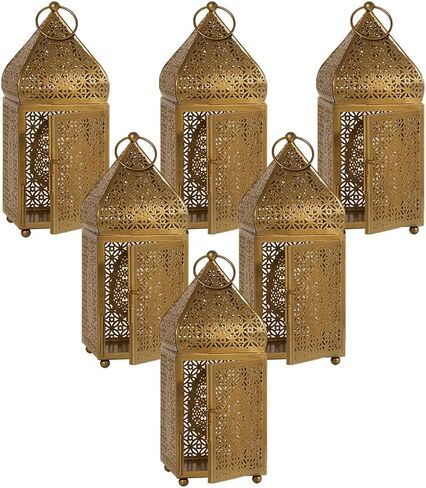 Serene Spaces Living Moroccan Lightweight Thin Gold Ornate Candle Lantern, Antique Gold Lantern, Decorative Candle Holders for Indian Wedding, Eid, Ramadan, Events, 4.5" Diameter & 12" Tall in Kuwait