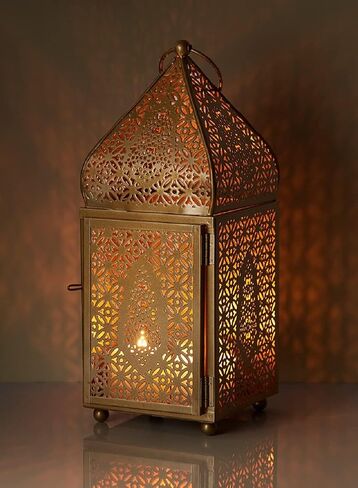 Serene Spaces Living Moroccan Lightweight Thin Gold Ornate Candle Lantern, Antique Gold Lantern, Decorative Candle Holders for Indian Wedding, Eid, Ramadan, Events, 4.5" Diameter & 12" Tall in Kuwait