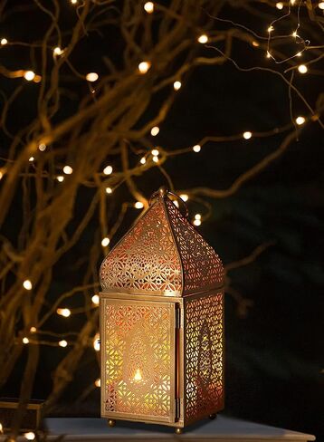 Serene Spaces Living Moroccan Lightweight Thin Gold Ornate Candle Lantern, Antique Gold Lantern, Decorative Candle Holders for Indian Wedding, Eid, Ramadan, Events, 4.5" Diameter & 12" Tall in Kuwait